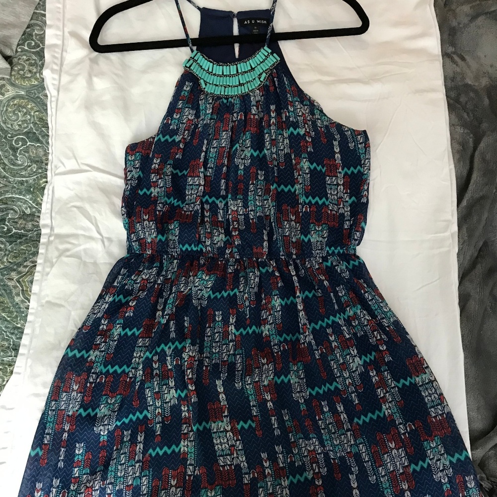 Navy Dress with Turquoise and Red Accents